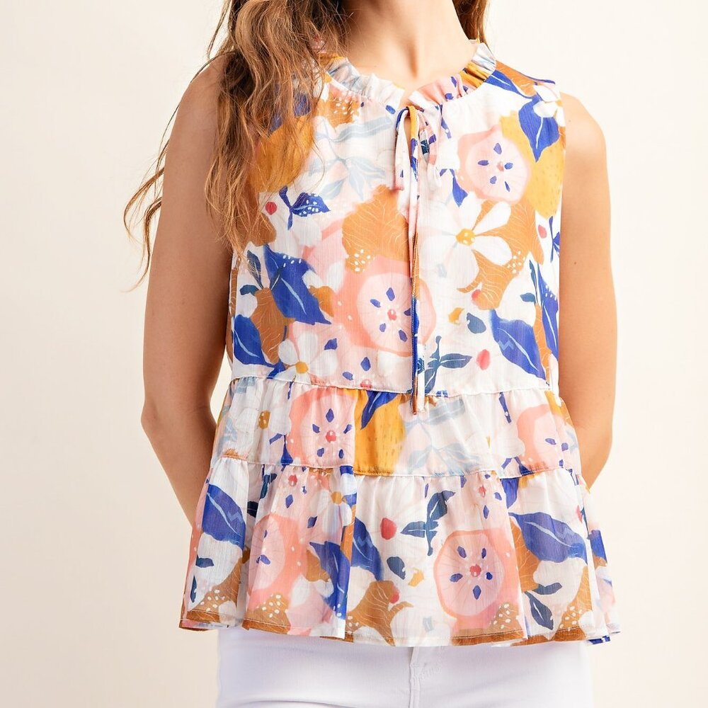 NWT KORI Tiered Sleeveless Floral Lined Top Ruffle Neck